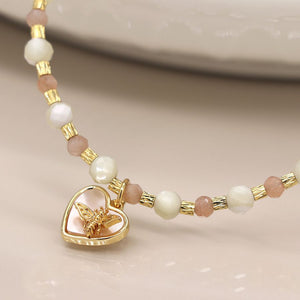 Semi precious pink mix bead necklace with heart and bee charm