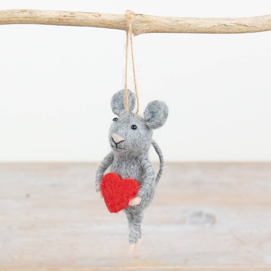 Christmas Mouse in Grey Heart Hanger, 11cm