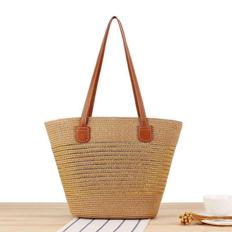 Medium Size Two-toned Stripe Paper Straw Tote Bag : Gold Stripe