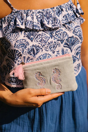 Velvet Seahorse Pouch - Pink & Blue: Small