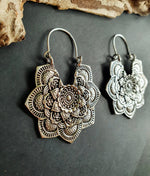Large Mandala Flower Silver Earrings; Silver Ear Weights Boho Ethnic Rustic Indian Festival Psy Gypsy Spiral Hippie style