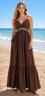 Linen Blend Strappy Maxi Dress with Waist Detail: Brown