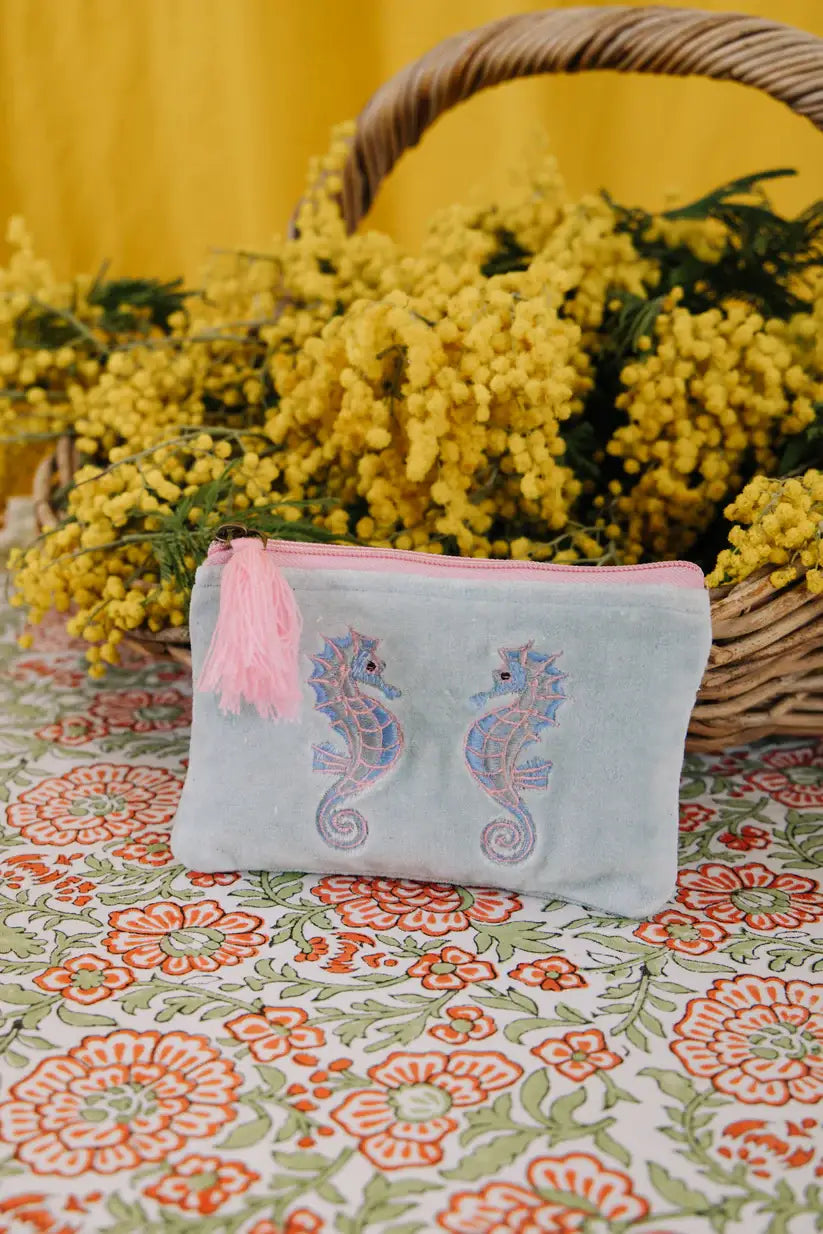 Velvet Seahorse Pouch - Pink & Blue: Small