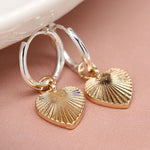 Silver plated hoop and golden embossed heart earrings 4014