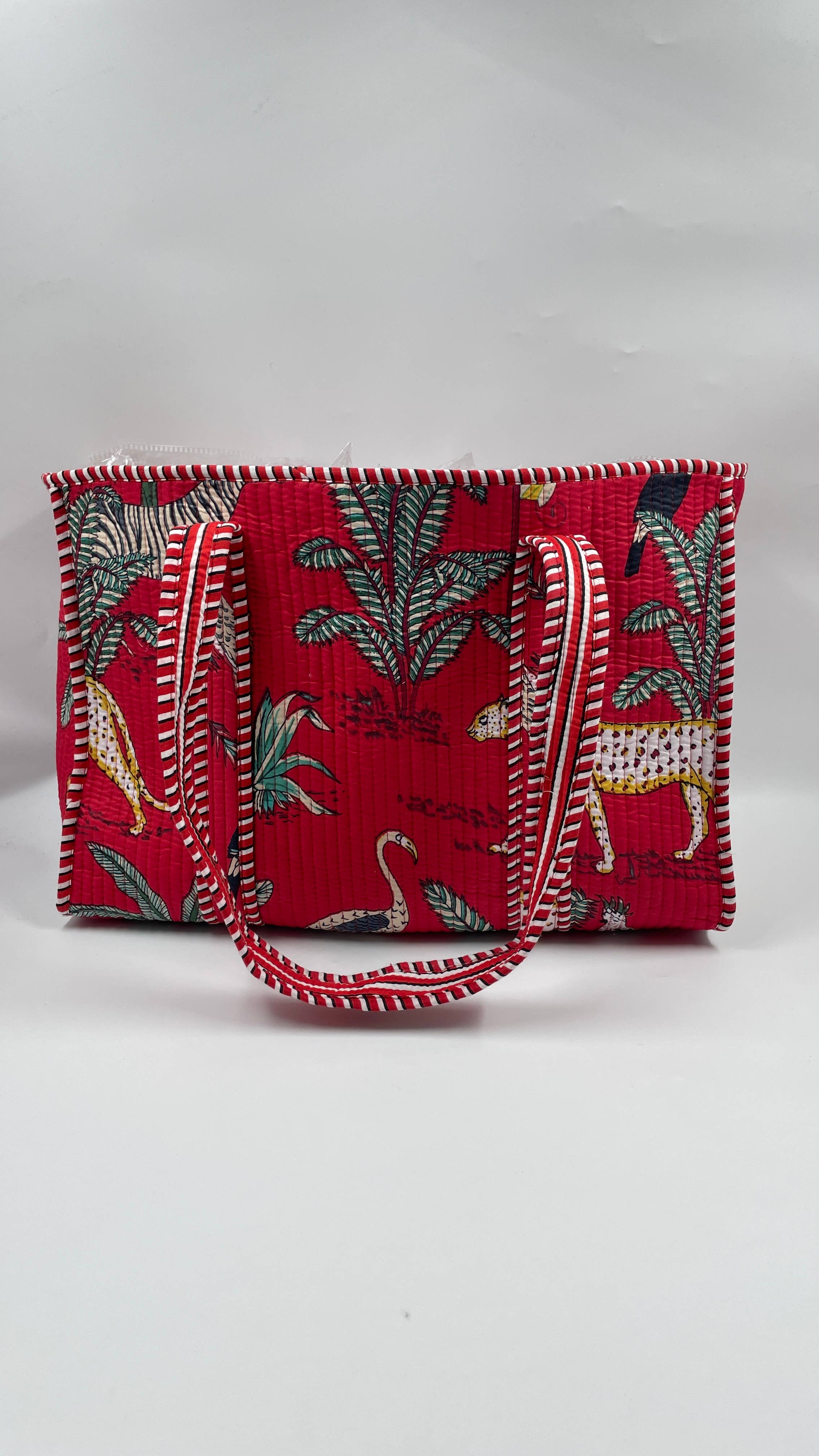 100% Cotton Kantha Quilted Boho Reversible Animal Red Tote Bag