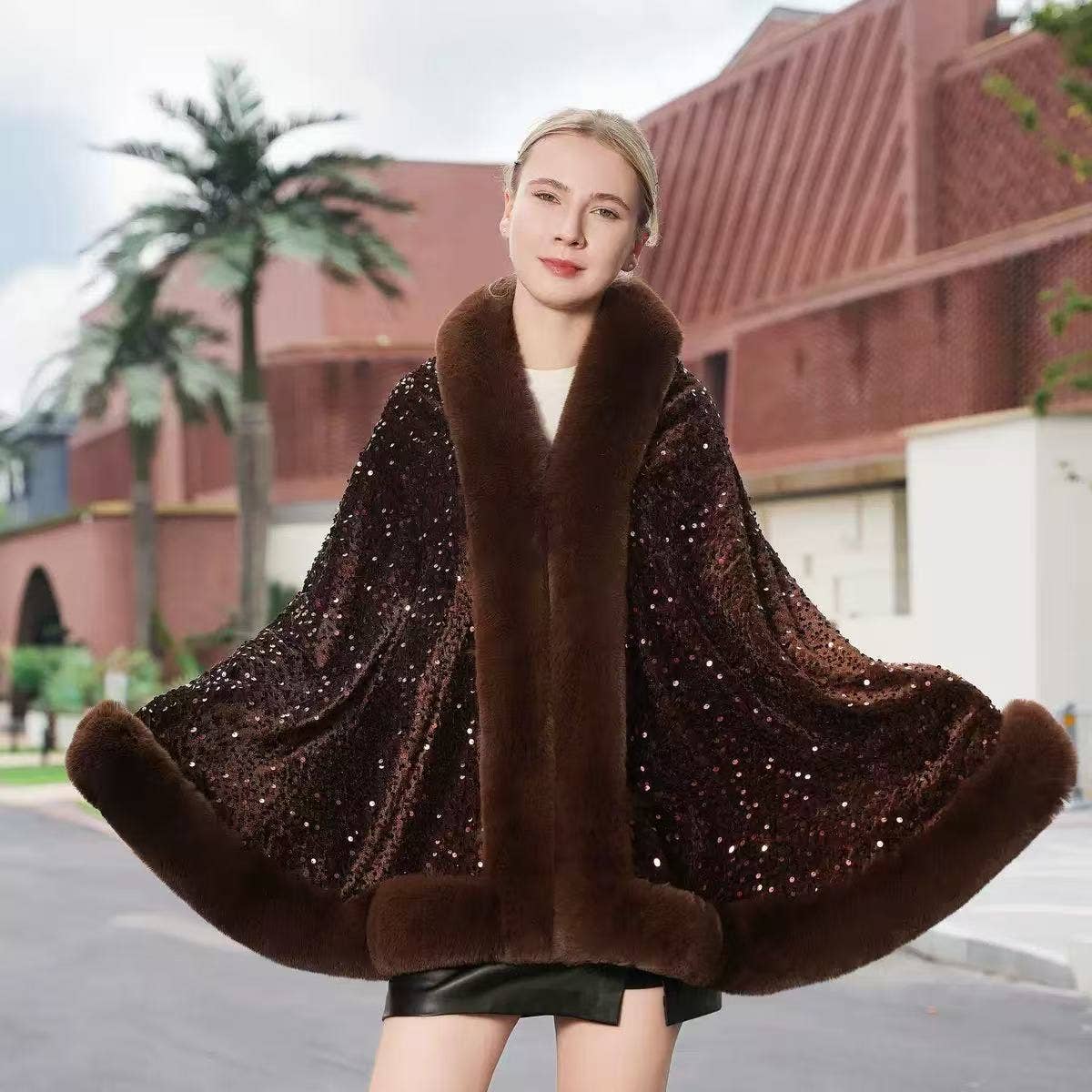 Elegant Sequin Cape Wrap with Plush Faux Fur PE400: Brown