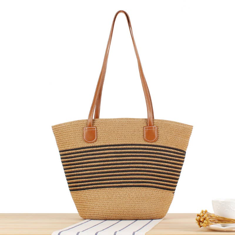 Medium Size Two-toned Stripe Paper Straw Tote Bag : Gold Stripe