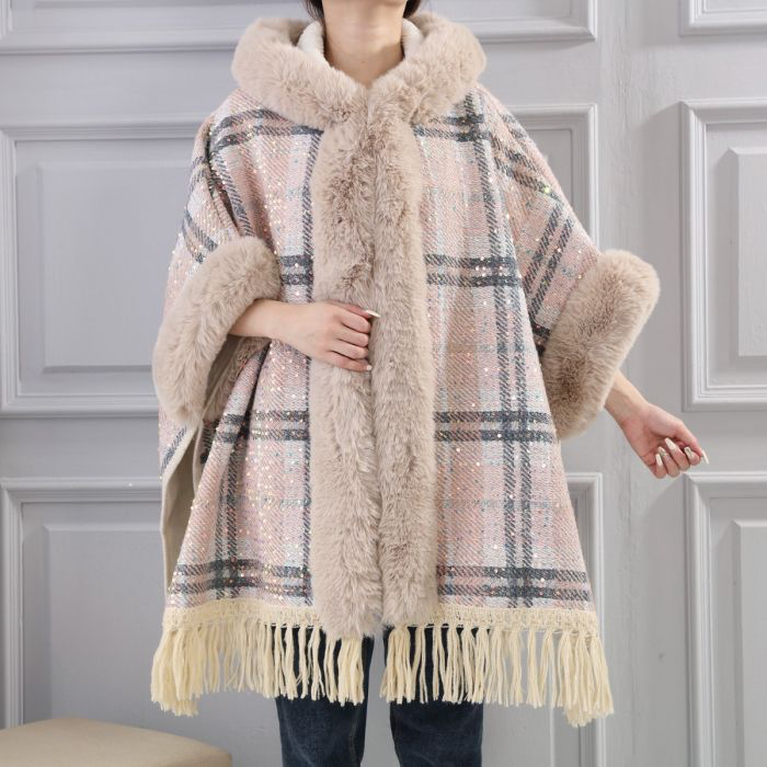 Super Warm Tassel Cape With Sparkly Sequin Detail PE906: Blush Pink