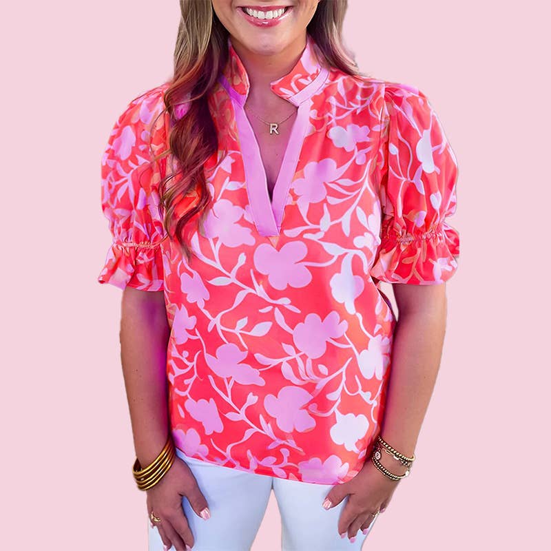 Split V Neck Ruffled Short Sleeve Blouse Top: Floral / S