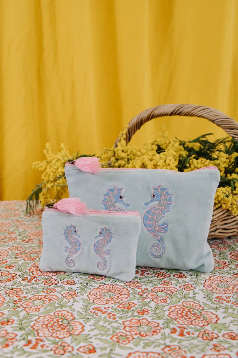 Velvet Seahorse Pouch - Pink & Blue: Small