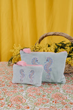 Velvet Seahorse Pouch - Pink & Blue: Small