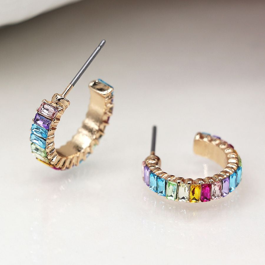 Faux gold c post rainbow oblong crystals hoop earrings 4210