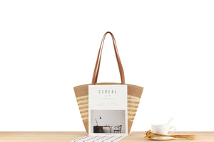 Medium Size Two-toned Stripe Paper Straw Tote Bag : Gold Stripe