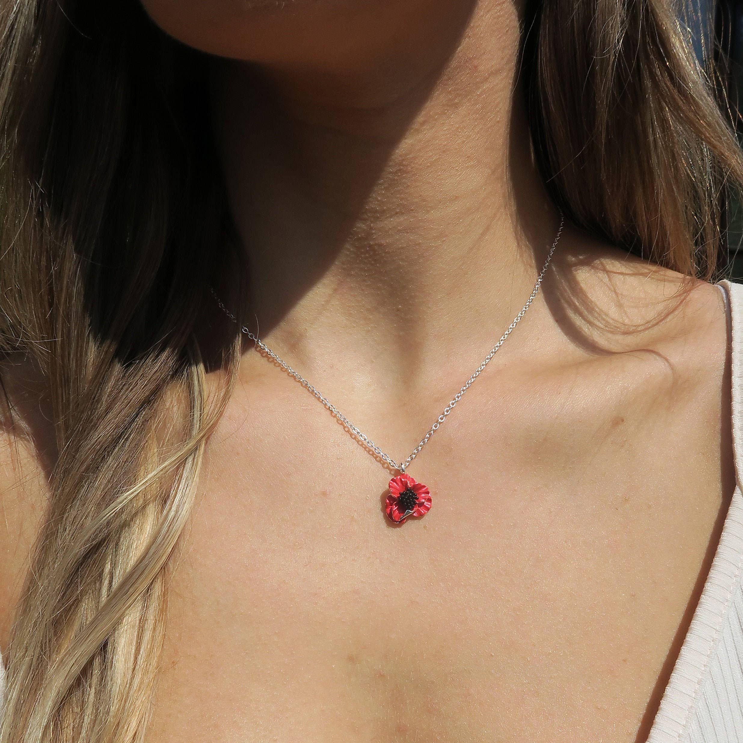 Poppy Red Flower Pendant Necklace,