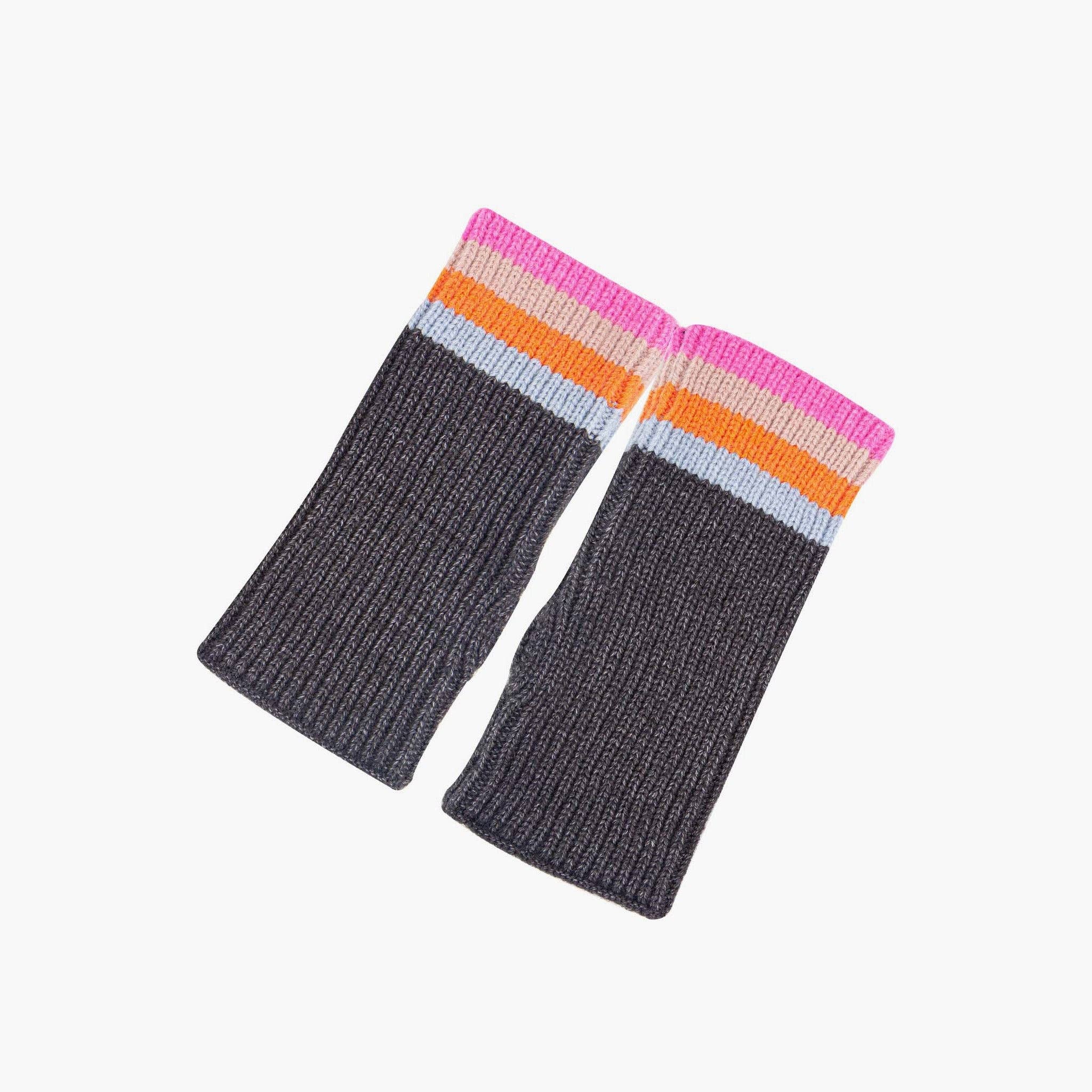 Dollie Wrist Warmers- Dark Grey, Rainbow Stripe: One-size