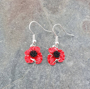 Poppy Red Flower Drop Hook Earrings