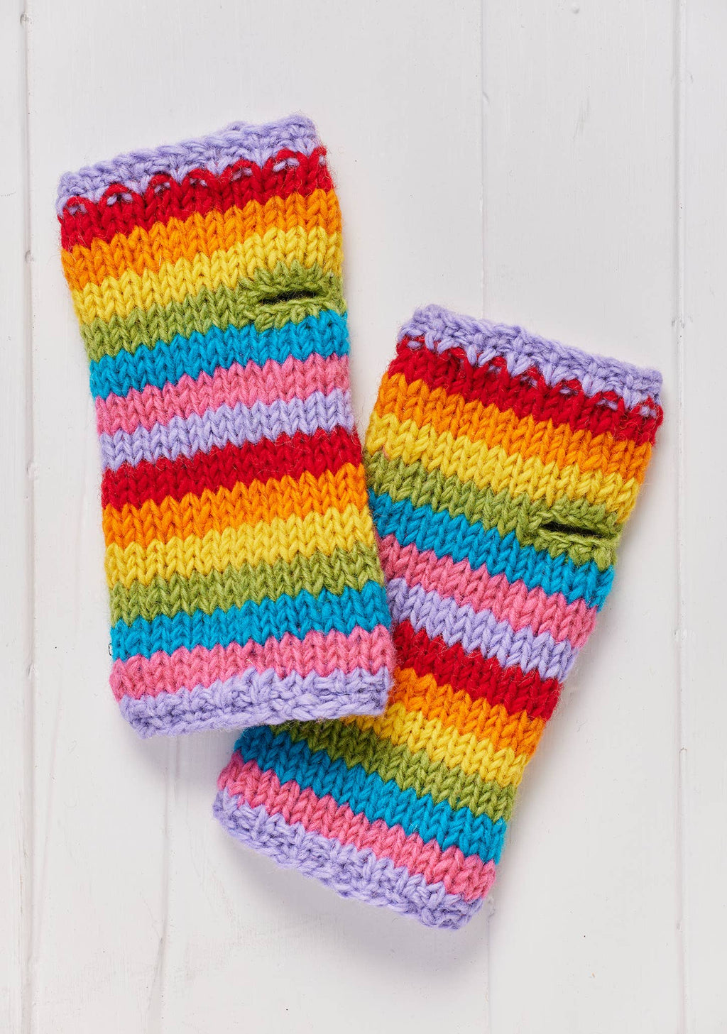 Rainbow Stripe Hand Knitted Handwarmers, fleece lined