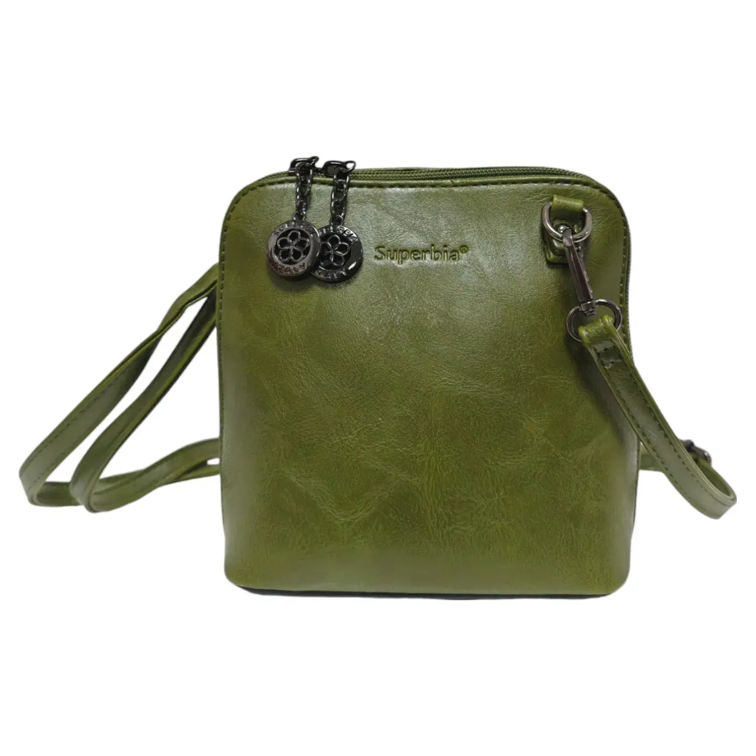 Superbia Pewter Hardware Small Box Zip Around Cross Body Bag: Green