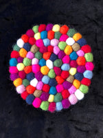 Felt Pom Pom Round Multicolour Coasters Handmade 10 cm