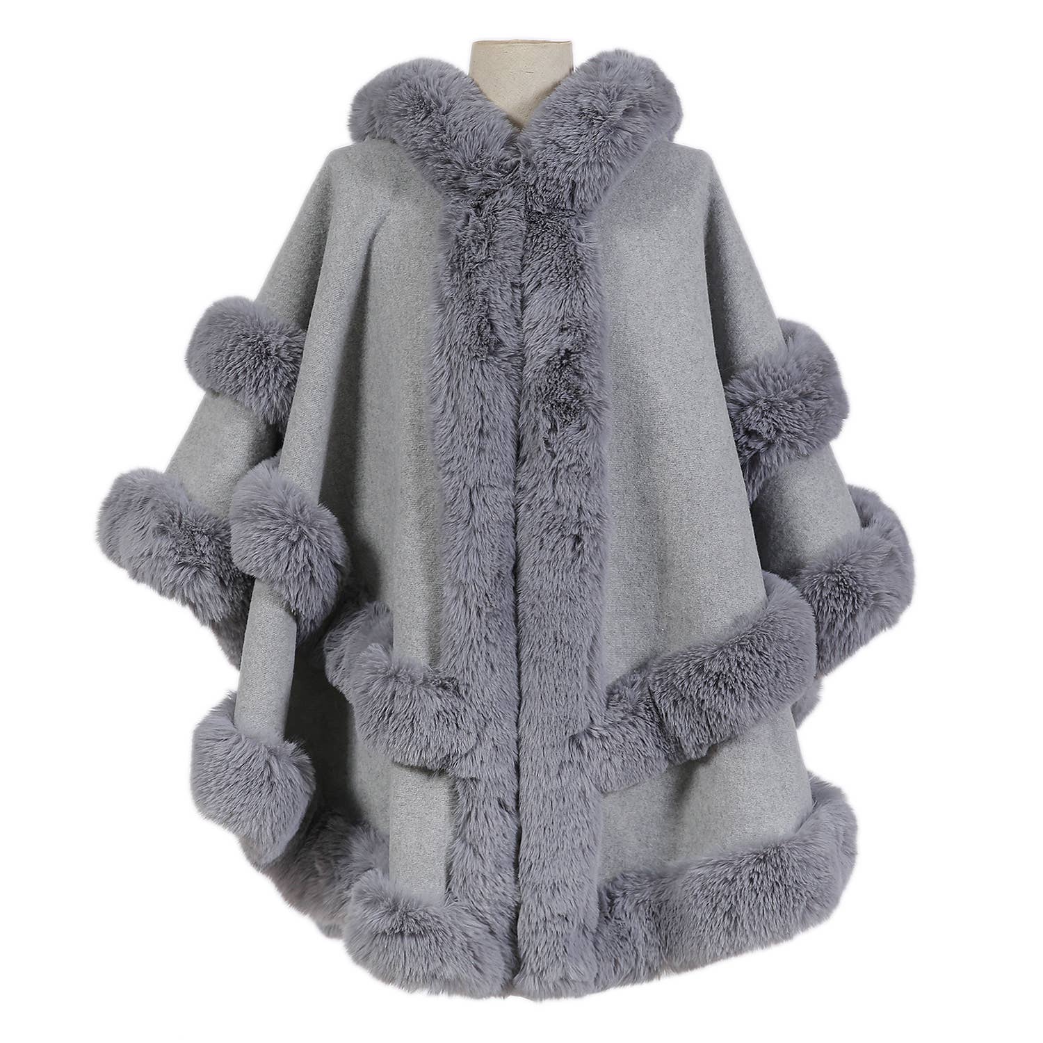 Poncho Cape with Plush Faux Fur Detailing PE378: Silver