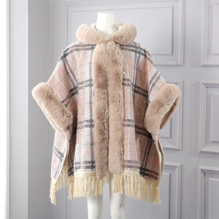 Super Warm Tassel Cape With Sparkly Sequin Detail PE906: Blush Pink