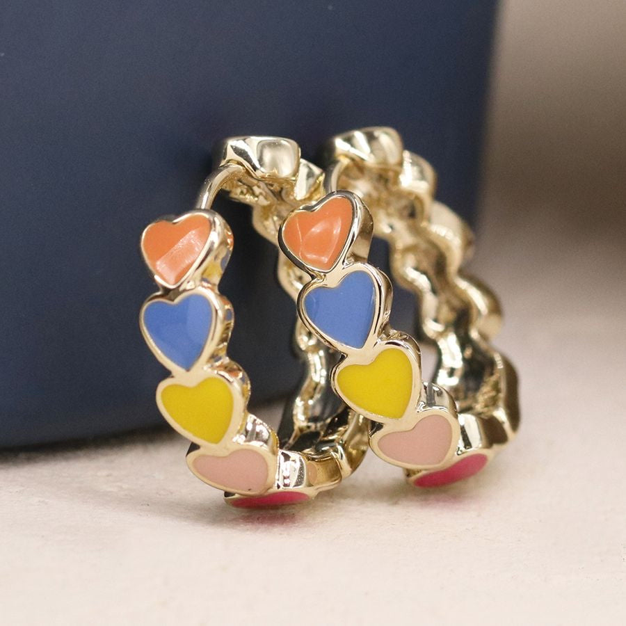 Golden multicoloured enamel heart hoop earrings 3955