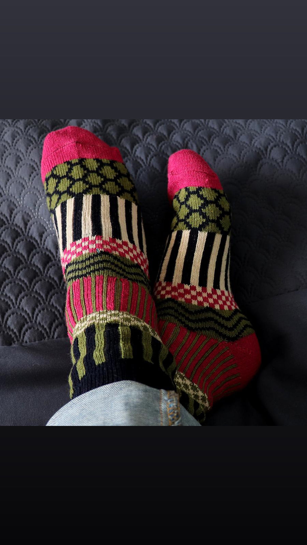 Raspberry and olive multi knit socks