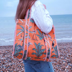 Reversible Jungle Print Quilted Cotton Tote Bag: Orange