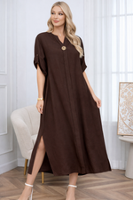 Linen Blend Relaxed Fit Split Neck Midi Dress: Coffee