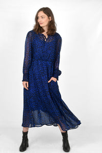 Blue Animal Spot Shirred Shoulder Midi Dress 12-14