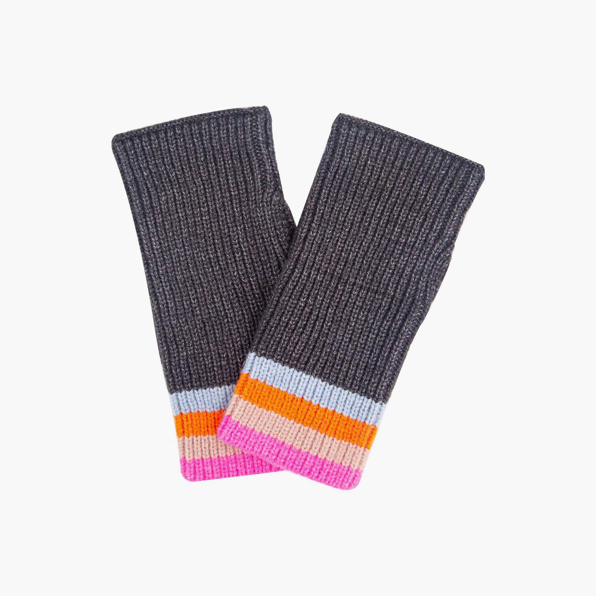 Dollie Wrist Warmers- Dark Grey, Rainbow Stripe: One-size