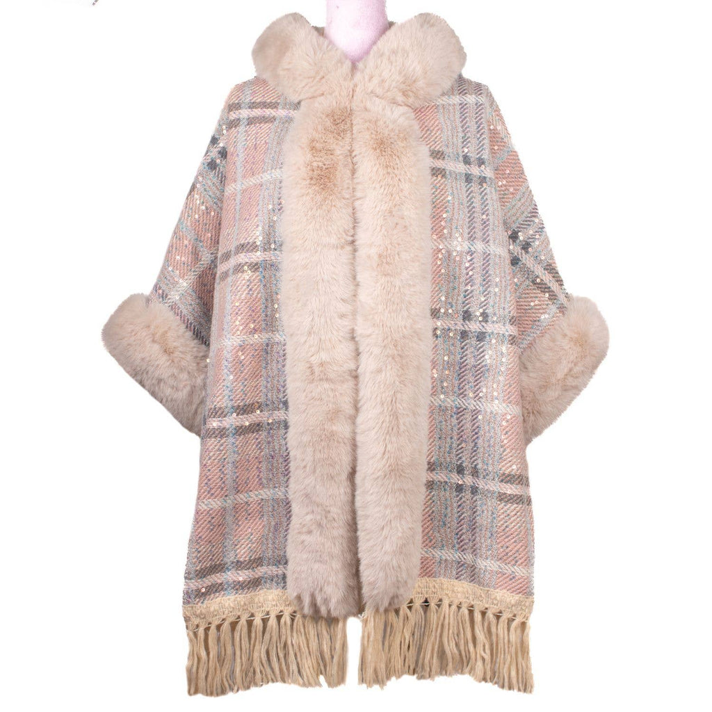 Super Warm Tassel Cape With Sparkly Sequin Detail PE906: Blush Pink