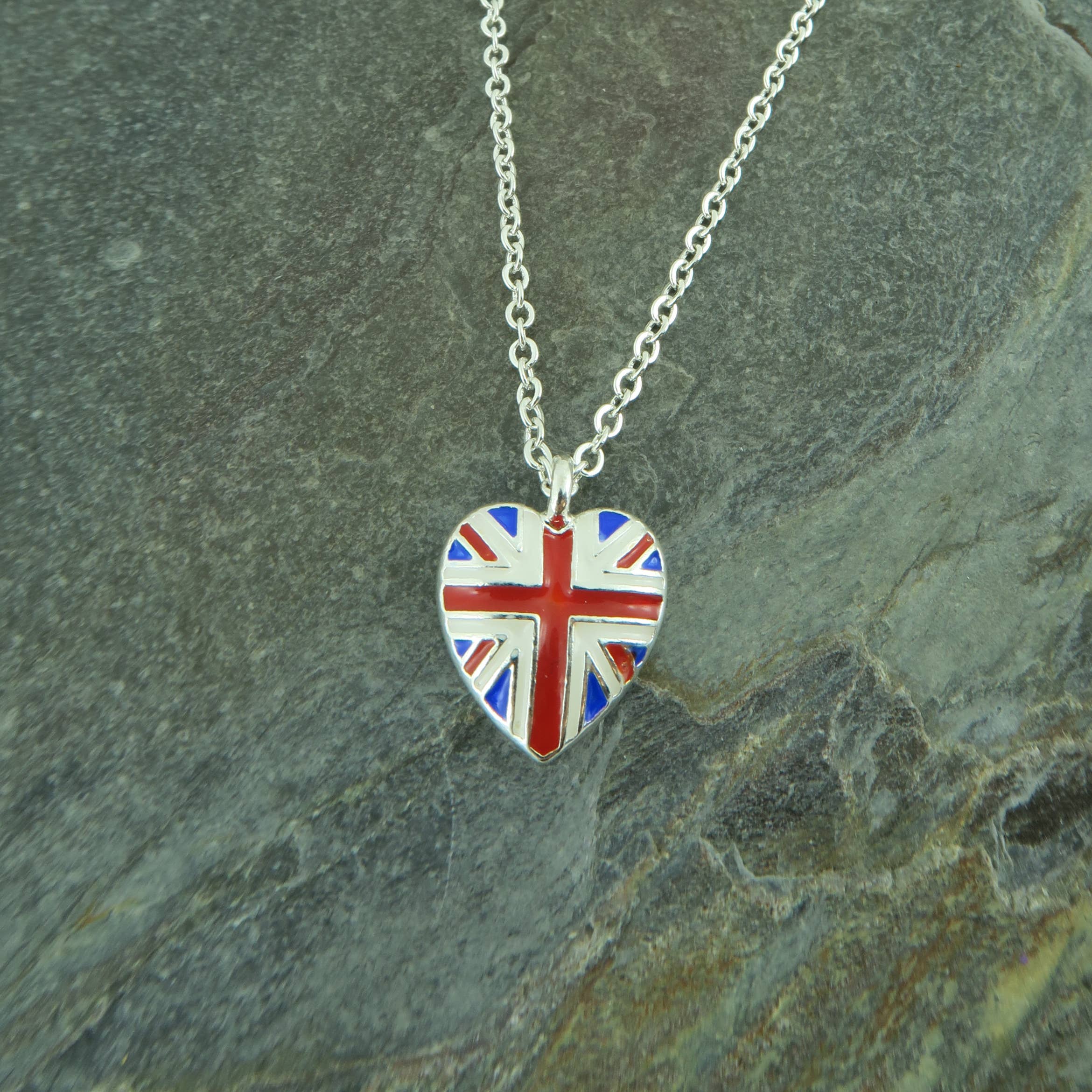 British Union Jack Flag Petite Heart Shaped Necklace