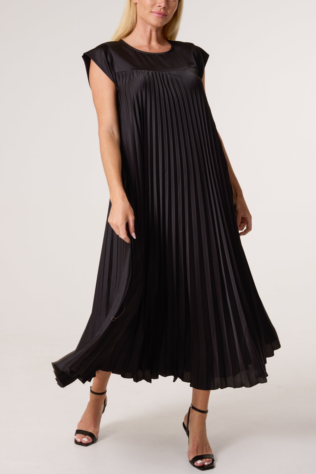 Pleated Satin Midi Dress