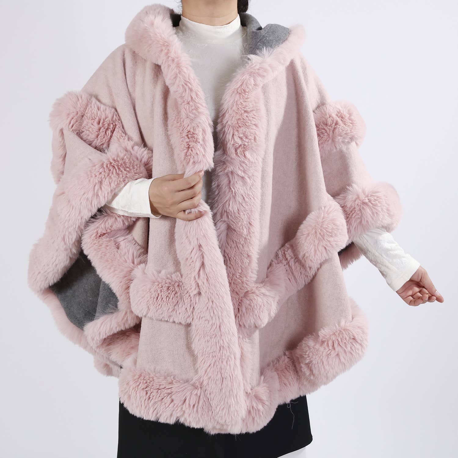 Poncho Cape with Plush Faux Fur Detailing PE378: Baby Pink