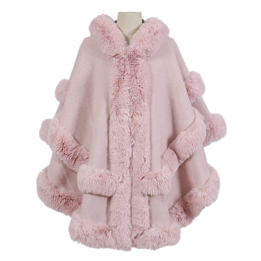 Poncho Cape with Plush Faux Fur Detailing PE378: Baby Pink