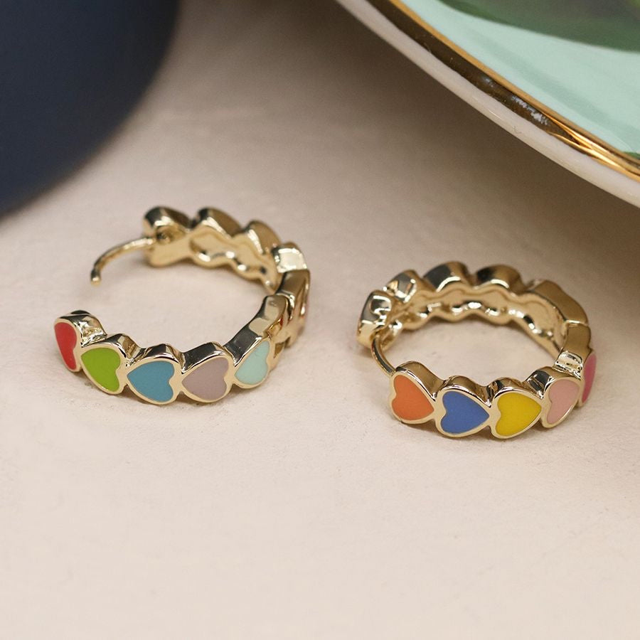 Golden multicoloured enamel heart hoop earrings 3955