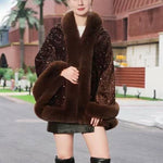 Elegant Sequin Cape Wrap with Plush Faux Fur PE400: Brown