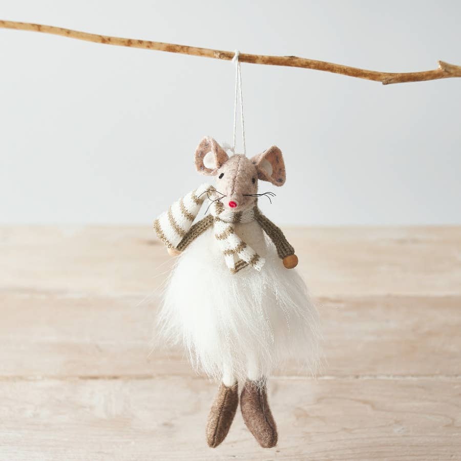 Hanging Beige Fabric Mouse In Tutu, 18cm