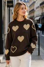 Mixed Heart Print Knit Jumper: Brown