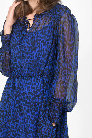 Blue Animal Spot Shirred Shoulder Midi Dress 12-14