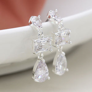 Silver plated triple crystal drop earrings 4135