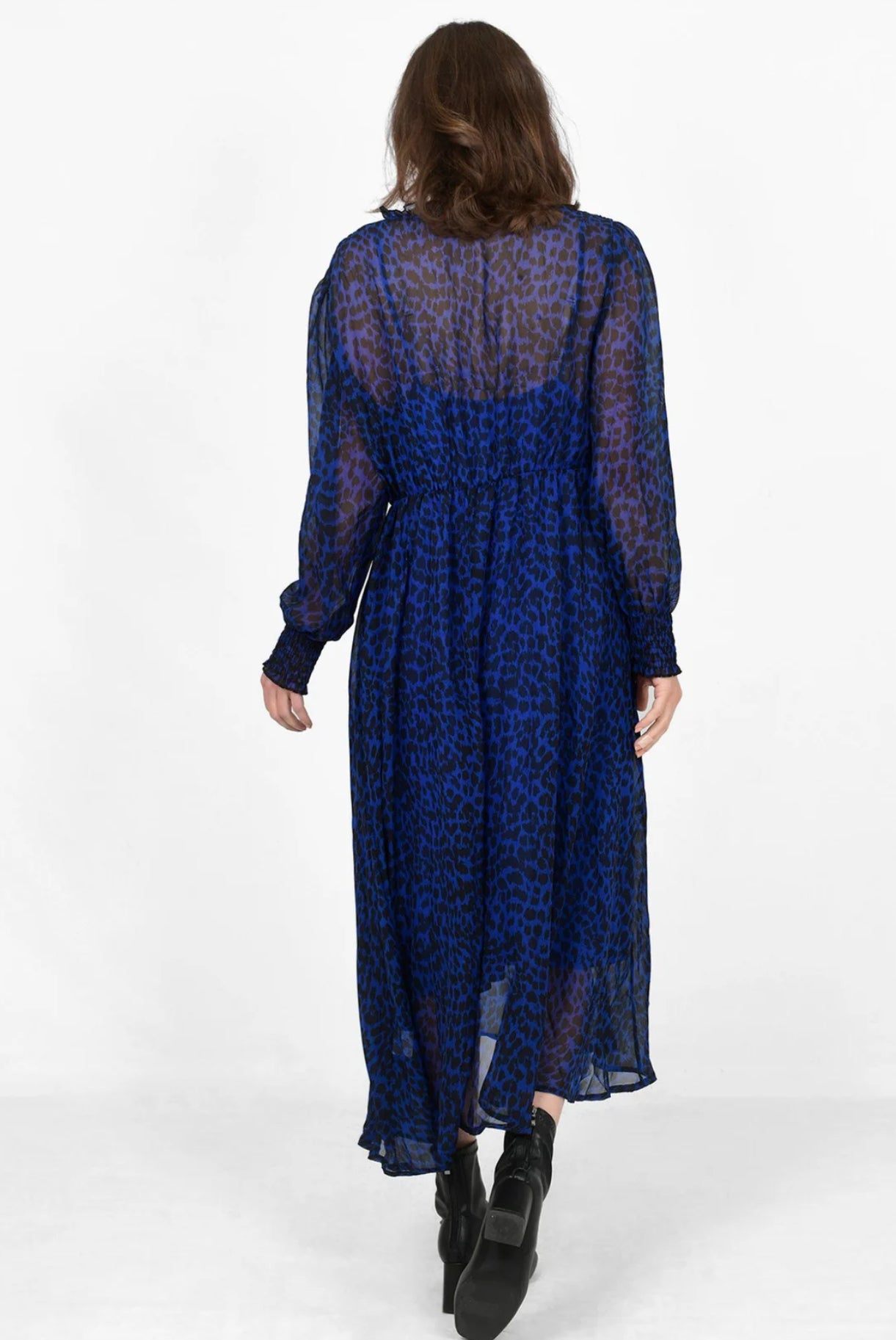 Blue Animal Spot Shirred Shoulder Midi Dress 12-14