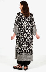 Ikat Print Long Kimono Robe with Waist Belt in Black