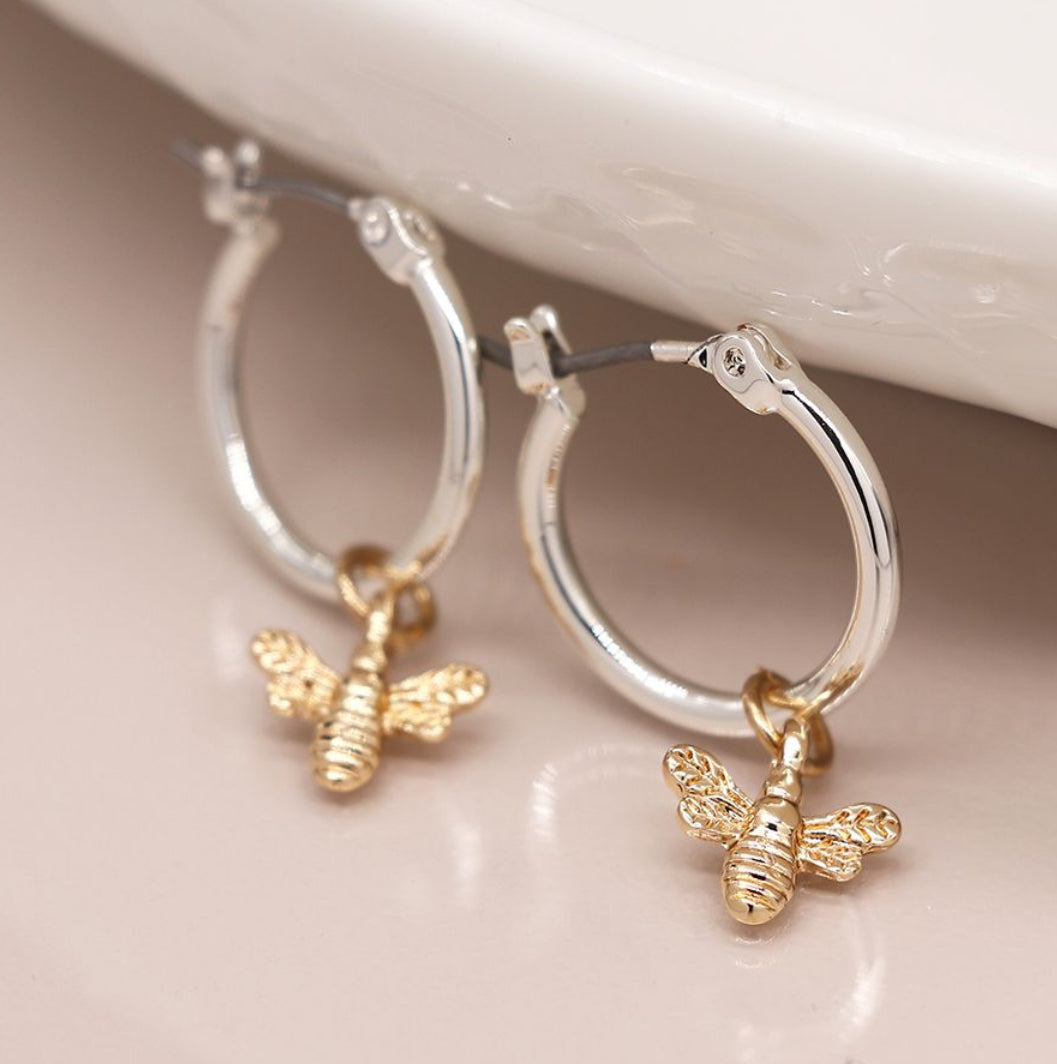 Silver plated hoop earrings with golden bee charm 3477