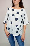 White with Navy Spot button back Top