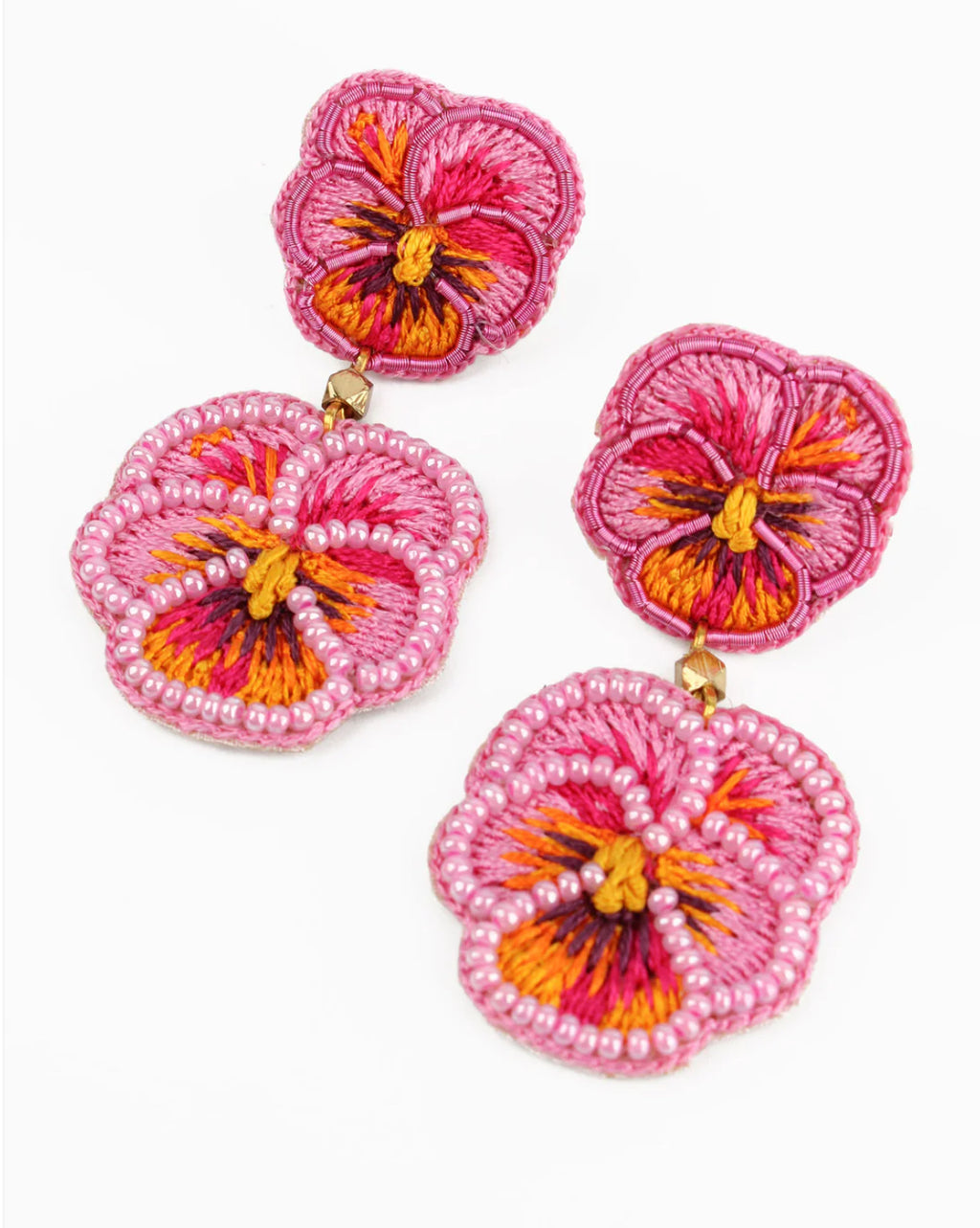 DOUBLE PINK PANSY BEADED FLOWER EARRINGS