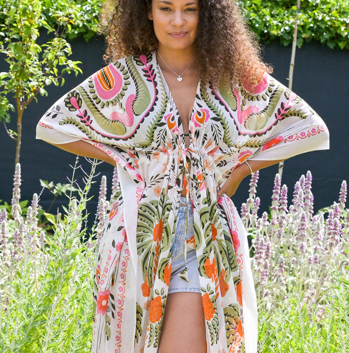 Ecru earthy mix folksy floral print kaftan