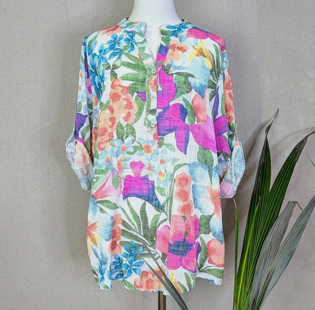 Collarless Cotton Shirt with Bright Flower Print