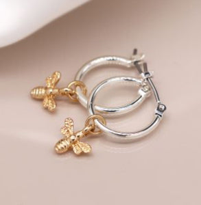 Silver plated hoop earrings with golden bee charm 3477